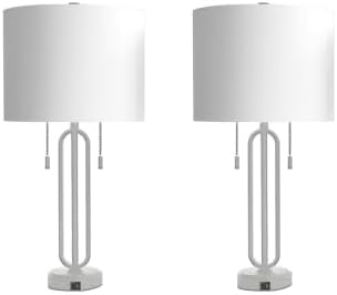 26.5’‘ Industrial Table Lamp Set of 2, Nickel Metal Bedside Lamp with USB C+ A Ports & Pull Chain, Modern Farmhouse Nightstand Lamp for Bedroom, Living Room, Home Office with White Shade