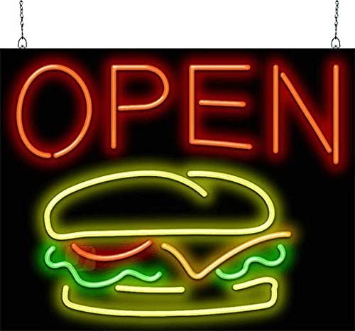 Burger Open Neon Sign - 30" wide x 24" high - Real, Quality Hand Bent Neon - Red Letters with a Yellow, Green, Orange & Green Burger Graphic