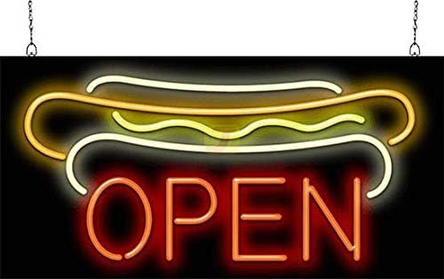 Hot Dogs Open Neon Sign - Large Size - 32" wide x 16" high - Real, Quality Hand Bent Neon Sign - Red Letters with a White, Orange & Yellow Hot Dog Design