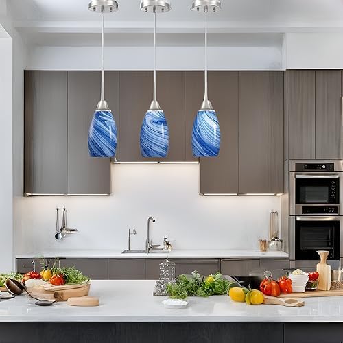 Mini Glass Pendant Light 1-Pack Dark Blue Marble Art Glass Pendant Lights Kitchen Island Brushed Nickel Finish Hanging Light for Kitchen Over Sink,Dining Room,Foyer,Hallway