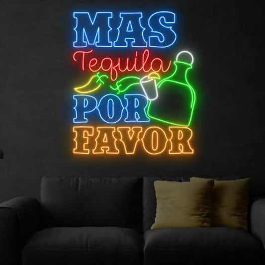 Mas Tequila Por Favor Neon Sign, 25" Mexican Cocktail Bar Light Up, Tequila Cocktail Led Light Signboard, Tequila Bar Pub Neon Light Decor