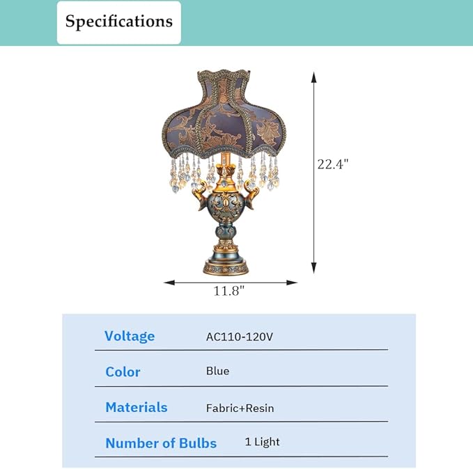 Victorian Style Table Lamp, Antique Flower Decorative Bedside Desk Lamp, Blue Fabric Night Light Elegant Bedside Nightstand Lamps for Bedroom Living Room