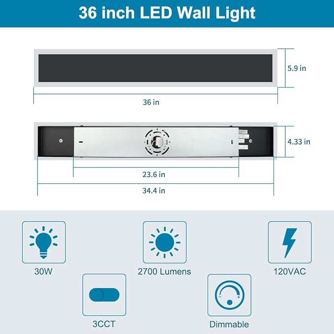 36IN Modern Outdoor Wall Light LED Long Exterior Light Fixture IP65 Waterproof Wall Lamps, Dimmable 30W 2700LM Black Wall Sconce, 3000/4000/5000KSelectable, ETL Listed