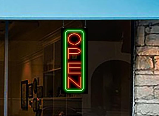 Vertical Deluxe Neon Open Sign - 32" Wide x 13" high - Real, Quality Hand Bent Neon - Bright Red Letters with a Green Outer Border