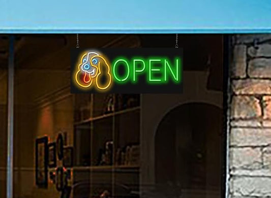 Dog Open Neon Sign - Large Size - 32" wide x 13" high - Real, Quality Hand Bent Neon Sign - Green Letters with a Orange, White, Blue & Red Dog Design