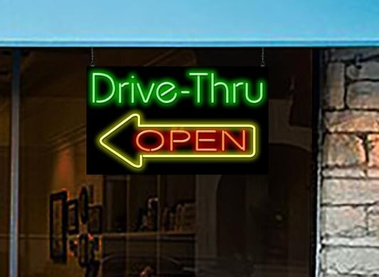 Drive-Thru Open Neon Sign - Very Large Size - 37" wide x 22" high - Real, Quality Hand Bent Neon Sign - Green & Red Letters with a Yellow Left Pointing Arrow Design