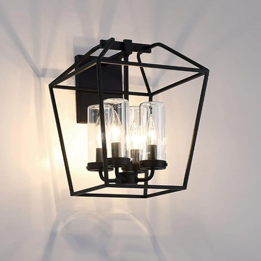 Eurofase Bastille 4 Light Outdoor Wall Lantern with Satin Black Finish - Wet Rated ETL Certified Large Sconce with Hand Blown Glass for Porch Patio