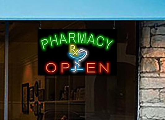 Pharmacy Open Neon Sign - Large Size - 37" wide x 22" high - Real, Quality Hand Bent Neon Sign - Green & Red Letters with Yellow, Blue & White RX Logo Design