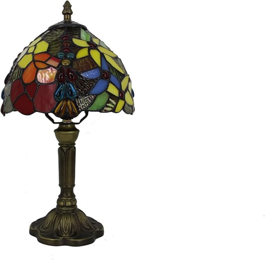 Vintage Tiffany Table Lamp Red Yellow Rose Stone Drop Decor 8" Shade Small Retro 14.6" Tall Bedroom Nightstand Bedside Desk Light Flower Pattern