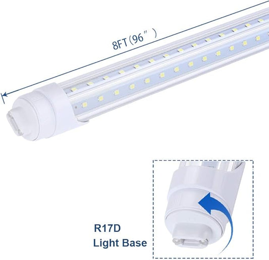 R17d Rotatable HO base V shaped 65W 8 Foot Led Lulbs Double Row,Need Bypass Ballast,Replace 150W Fluorescent Shop Lights Dual-Ended Power, Cold White 6000K,clear Cover, AC 90-277V Pack of 12