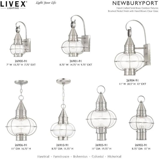 Livex Lighting 26905-91 Transitional One Light Outdoor Post-Top Lanterm from Newburyport Collection in Pwt, Nckl, B/S, Slvr. Finish, Brushed Nickel