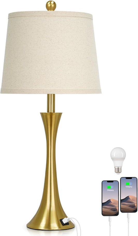 27.5" Gold Lamps for Living Room, Touch Control 3-Way Dimmable Bedside Nightstand Lamps Bedroom Lamp,Modern Gold Table Lamp with USB A+C Ports,Tall Lamps for Living Room End Table(1Pack)