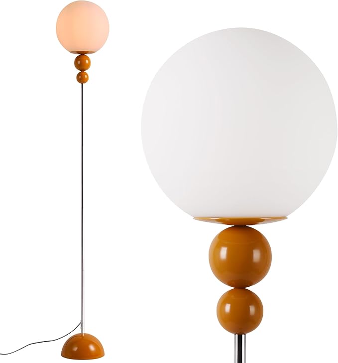 Modern Glass Floor Lamp for Bedroom, 63'' Vintage Mid-Century Floor Lamp with Milky White Frosted Glass Globe Shade for Living Room Corner, Slim Standing Reading Lamp for Office Decor (Signal Brown)