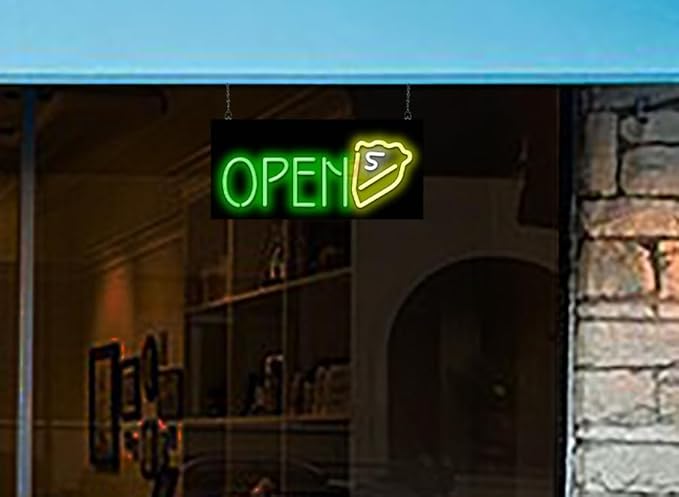 Pie Open Neon Sign - Compact Size - 24" wide x 11" high - Real, Quality Hand Bent Neon Sign - Green Letters with a Yellow & White Slice of Pie Design