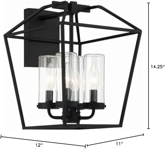 Eurofase Bastille 4 Light Outdoor Wall Lantern with Satin Black Finish - Wet Rated ETL Certified Large Sconce with Hand Blown Glass for Porch Patio