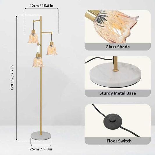 Mid-Century Modern Floor Lamp with Gold Flower Glass Shade - Vintage Brass Tree Standing Light for Living Room, Bedroom, Reading Book - Farmhouse, Bohemian, Boho Chic Home Decor