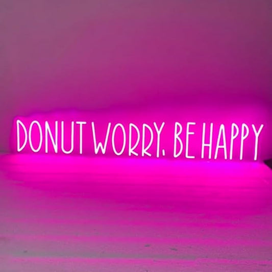 Donut Worry Be Happy Neon Sign, Donut Led Light Sign, Donut Shop Wall Art Size:H4 x W30inches