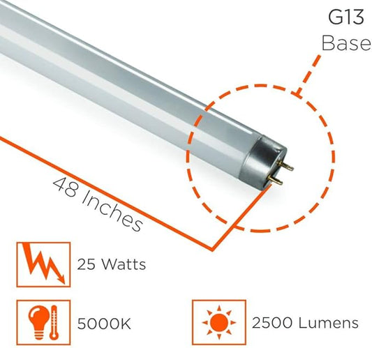 GoodBulb 25W 48 Inch T8 Fluorescent Light Bulb | 5000K Daylight Medium Bi-Pin Base | 2500 Lumens 85 CRI 36000 Life Hours | Car Dealership Lighting | 30 Pack