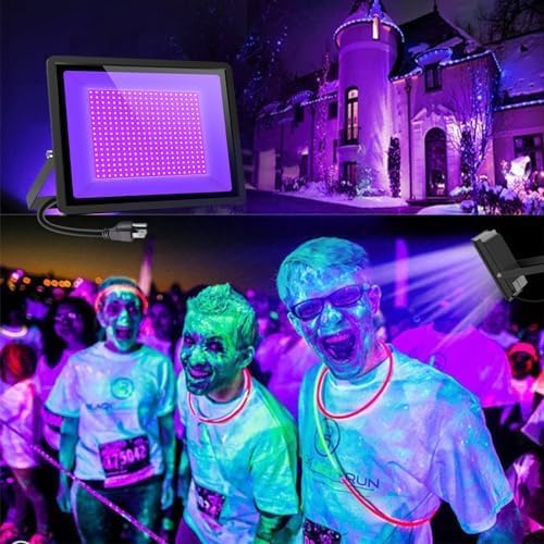 Black Lights 500W LED Flood Light with Plug(6ft Cable), IP66 Waterproof Black Lights for Party, Stage Lighting, Aquarium, Body Painting, Halloween, Neon Glow in The Dark (2 Pack)