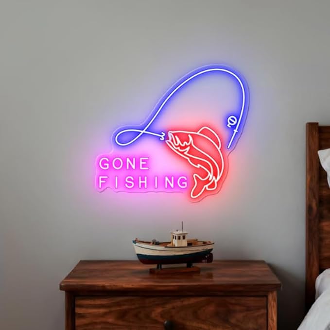 Gone Fishing LED Neon Sign for Cabin Decor, Lake House Wall Light, Fisherman Gift, Rustic Fishing Sign for Man Cave or Garage Size:20 x 17inches
