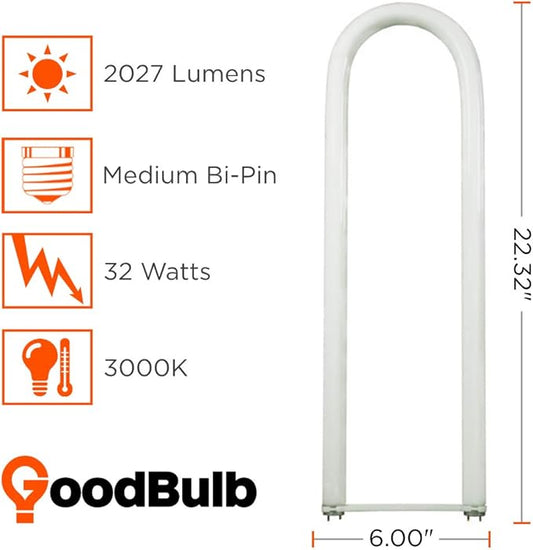GoodBulb 32 Watt 6 Inch T8 Fluorescent U-Bend Light Bulb 3000K Soft White Medium Bi-Pin Base High Output 3050 Lumens 32W 10000 Life Hours 80 CRI 20 Pack