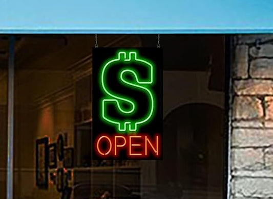 Dollar Graphic Open Neon Sign - Large Size - 20" wide x 32" high - Real, Quality Hand Bent Neon Sign - Red Letters with a Green Dollar Symbol Graphic