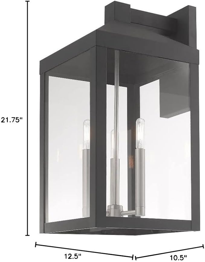 Livex 20585-91 Transitional Three Light Outdoor Wall Lantern from Nyack Collection in Pwt, Nckl, B/S, Slvr. Finish, Brushed Nickel