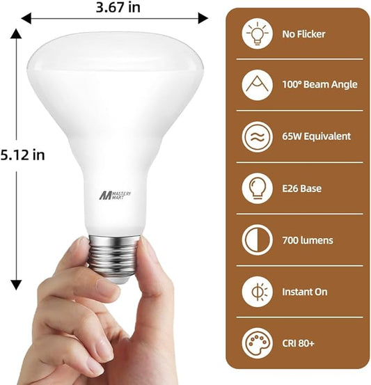 24 Pack BR30 LED Bulbs, 65W Equivalent, 10W 2700K Soft White, 700 Lumens, Flicker-Free, Dimmable Recessed Can Flood Lights for Home & Kitchen, Long Lasting & Energy Efficient, E26 Base, UL Listed