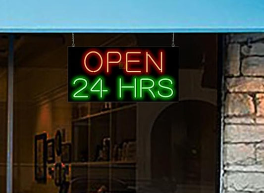 Open 24 Hours Neon Sign - Large Size - 32" wide x 13" high - Real, Quality Hand Bent Neon Sign - Red & Green Letters