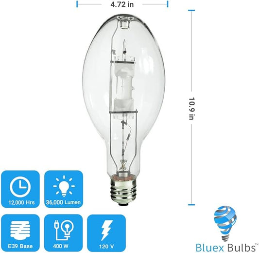 Bluex Bulbs (3 Pack MH400/U/MOG 400W Metal Halide Bulb Mogul Base (E39) - ED37 Clear M59 HID Lamp 36000 Lumens