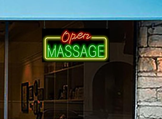 Massage Open Neon Sign - Large Size - 32" wide x 16" high - Real, Quality Hand Bent Neon Sign - Red & Green Letters with a Yellow Border Design