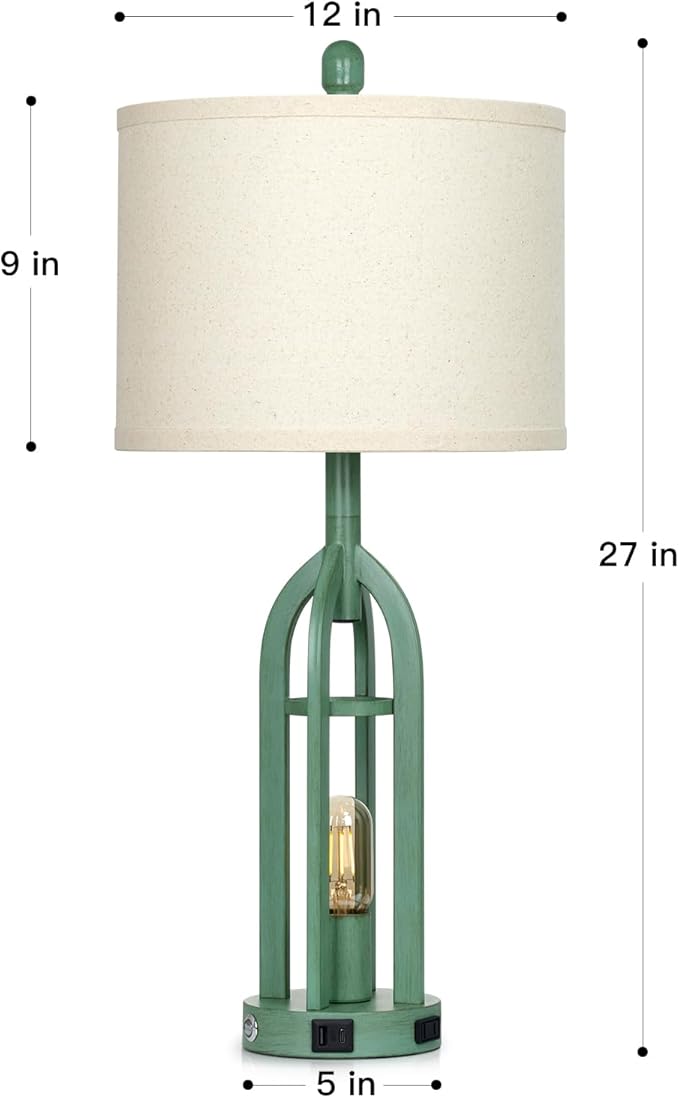 27" Tall Coastal Lamp,Retro-Green Vintage Bedside Nightstand Lamps with USB C+A & AC Outlet,3-Way Dimmable Touch Control Table Lamps for Bedroom Living Room with Night Light,Single Green