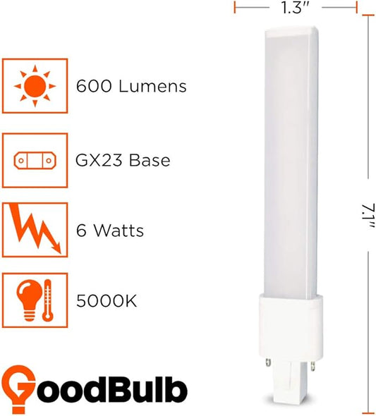 GoodBulb 6 Watt Horizontal LED Plug-in Light Bulbs | Hybrid 2 Pin GX23 Base 5000K Daylight | High Output 600 Lumens | Car Dealership Lighting | 10 Pack