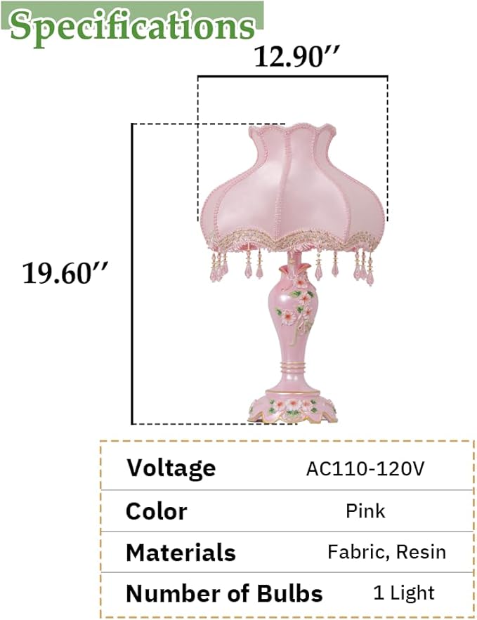 Cute Table Lamp with Fabric Lampshade, Antique Flower Decorative Bedside Desk Nightstand Lamp, Handmade Night Light for Bedroom Living Room (Pink)