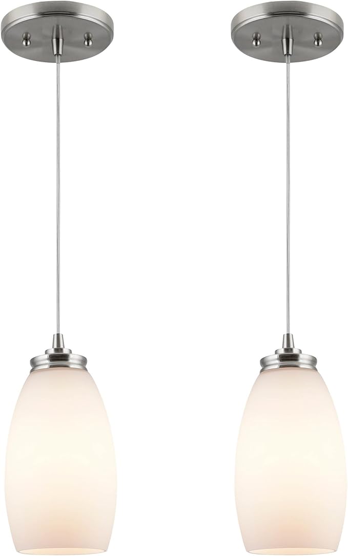 Kira Home Coast 9" Modern Oval Mini Pendant Light + White Frosted Glass Shade, Brushed Nickel Finish, 2-Pack