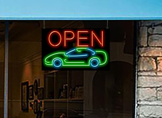 Open with Car Neon Sign - Large Size - 32" wide x 20" high - Real, Quality Hand Bent Neon Sign - Red Letters with a Green & Blue Car Design