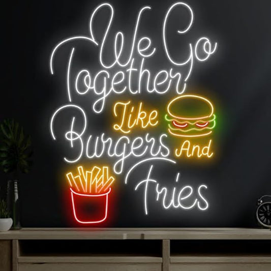 Burger And Fries Neon Sign 25”Fast Food Led Sign, Neon Light For Fast Food Shop, Restaurant Wall Décor