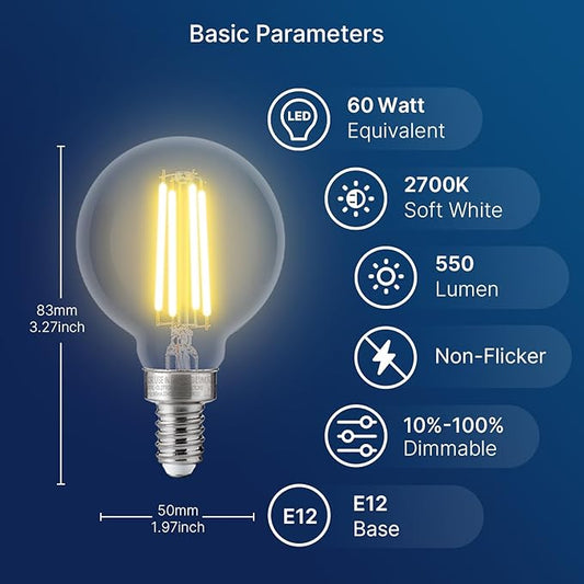 FLSNT G16.5 Dimmable LED Candelabra Bulbs 60W Equivalent, LED E12 Chandelier Light Bulbs, 550LM, CRI90, 5.5W, AC 120V, 6 Pack, 2700K Soft White