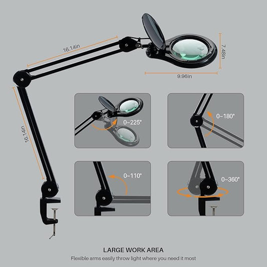 Bifocals LED Magnifying Lamp with Clamp, 5 Diopter with 20 Diopter, 5 Inch Magnifier Glass Lens, 1200 Lumens Dimmable Magnifier Lamp for Desk Craft Hobby with 60PCS Bright LEDs (Black)