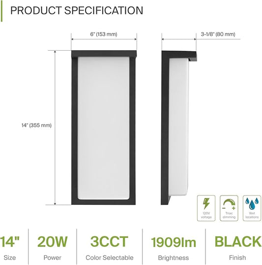 ASD LED 14" Outdoor Wall Light, Front Door House Sconce | 3CCT, Dimmable, Waterproof, ETL Listed | 20W 1900LM 3000-5000K 120V | Exterior Patio Lighting Fixture, Flush Mount Porch Lamp | Black, 4 Pack