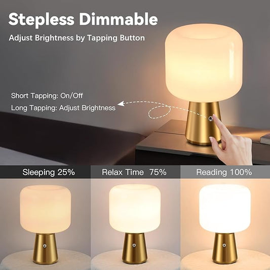 Cordless LED Table Lamp, Desk Lamp for Home Office with Battery Operated, Stepless Dimming Antique Light for Study Library, White Glass Shade, Brass