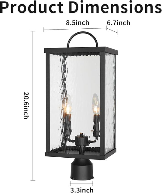 Outdoor Post Light Fixture, Modern Black Pole Lantern with Water Ripple Glass, Farmhouse Exterior Post Cap Lamp with E12 Sockets for Garden, Pathway, Courtyard, Patio, Porch, Driveway, Street