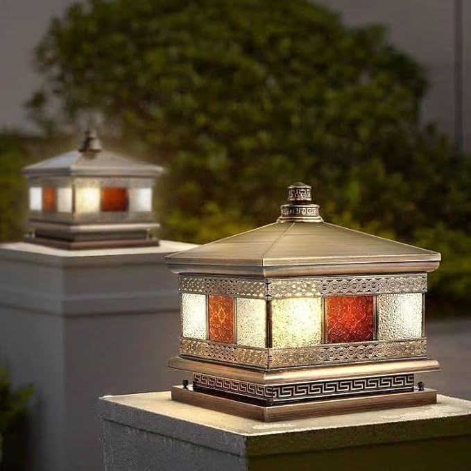 All Copper Steel Glass Outdoor Post lights, Waterproof Pillar Light, Vintage Patio Lawn Column Lamp,outdoor column lights,Deck Lights, Lantern Fence Lamp Fixture E26 Base (Flower glass, 16X16IN)