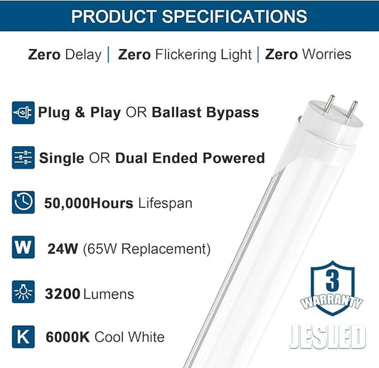 JESLED 4FT LED T8 Type A+B Tube Lights, 24W(65W Equiv.), 3200LM, 6000K, Single or Double End Powered, Plug and Play or Ballast Bypass, 4 Foot T10 T12 Fluorescent Bulbs Replacement, Frosted(12-Pack)