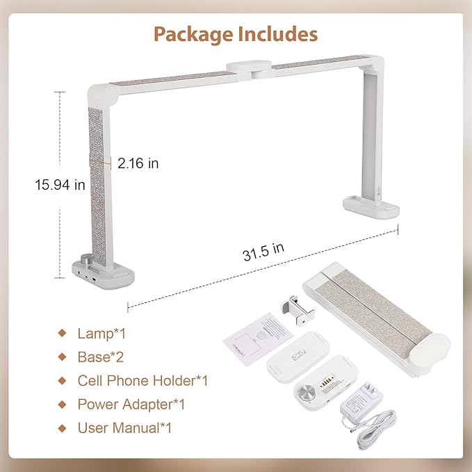FAHKNS Large Half-Moon Light for Nail Desk, 34IN Foldable LED Lamp with Phone Holder, 3000-6000K Color Temperature, Stepless Brightness Adjustment, Nail Art, Tattooing, White with Diamonds