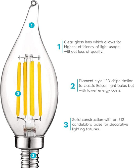 LUXRITE Vintage Candelabra LED Bulb 60W Equivalent, 550 Lumens, 3500K Natural White, LED Chandelier Light Bulbs 5W, Dimmable, Flame Tip Clear Glass,