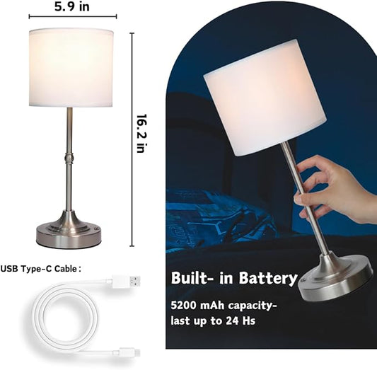 Rechargeable Table Lamp, Cordless Touch Lamps, Portable Desk Light with Stepless Dimmable Brightness & Fabric Shade for Nightstand Bedside Living Room (Silver, Straight)