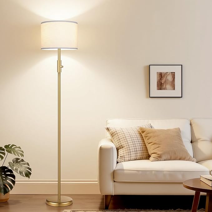 【Upgraded】 Dimmable Gold Floor Lamps for Living Room, 11W LED Bulb Included, Modern Standing Lamp with White Lamp Shade, Tall Pole Light for Bedroom Reading Office Corner Nursery