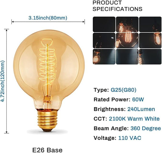G25(G80) Globe Bulb Edison Light Bulbs, 60W Retro Incandescent Bulb, E26 Medium Base, 240 Lumens 2100K Warm White, Dimmable Home Light-4Pack