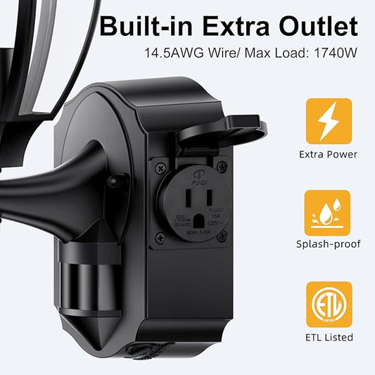 2 Pack Porch Lights with Outlet, Motion Sensor Outdoor Lights, Updated Dusk to Dawn Exterior Lighting Fixtures, Waterproof Anti-Rust Aluminum Outside Light for House Entryway Garage, Black